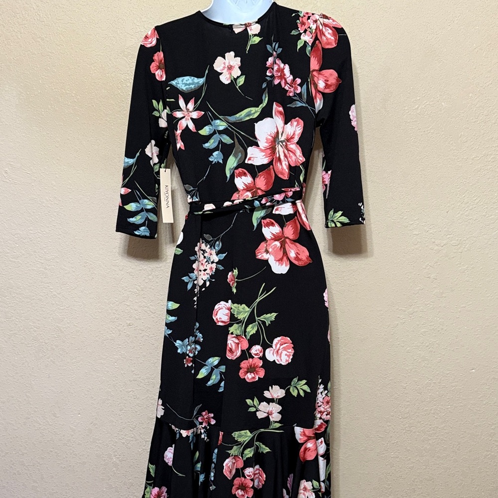 Kiyonna Black and Pink Floral Midi wrap Dress - Picture 7 of 7
